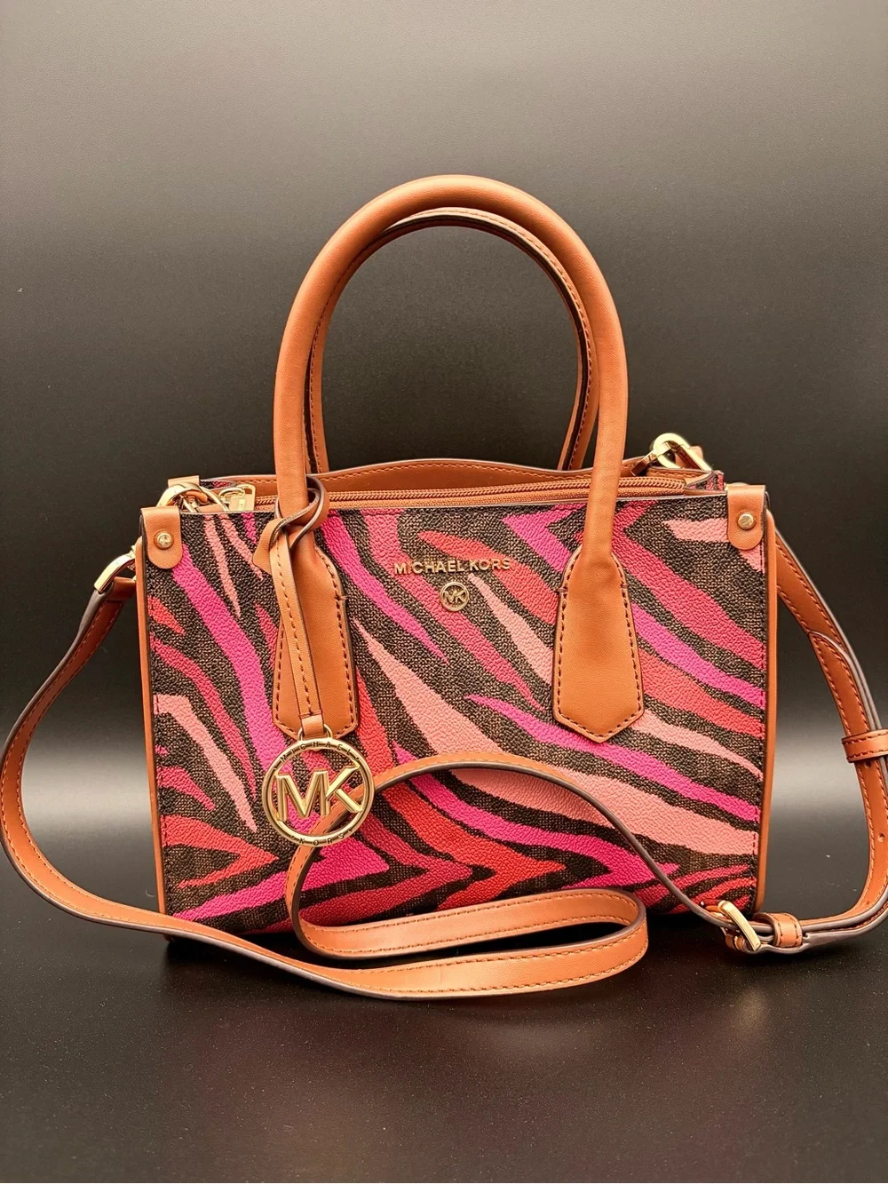 Michael Kors Maple Small Leather Satchel Handbag Purse in Pink Zebra Print